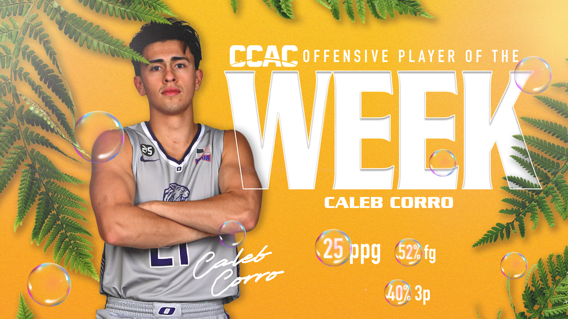 CAREER NIGHT EARNS CORRO CCAC OFFENSIVE PLAYER OF THE WEEK HONORS